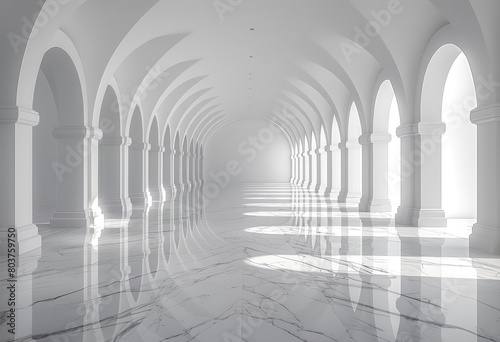 A white marble hall with arched columns and tall windows, reflecting light on the polished floor. Created with Ai