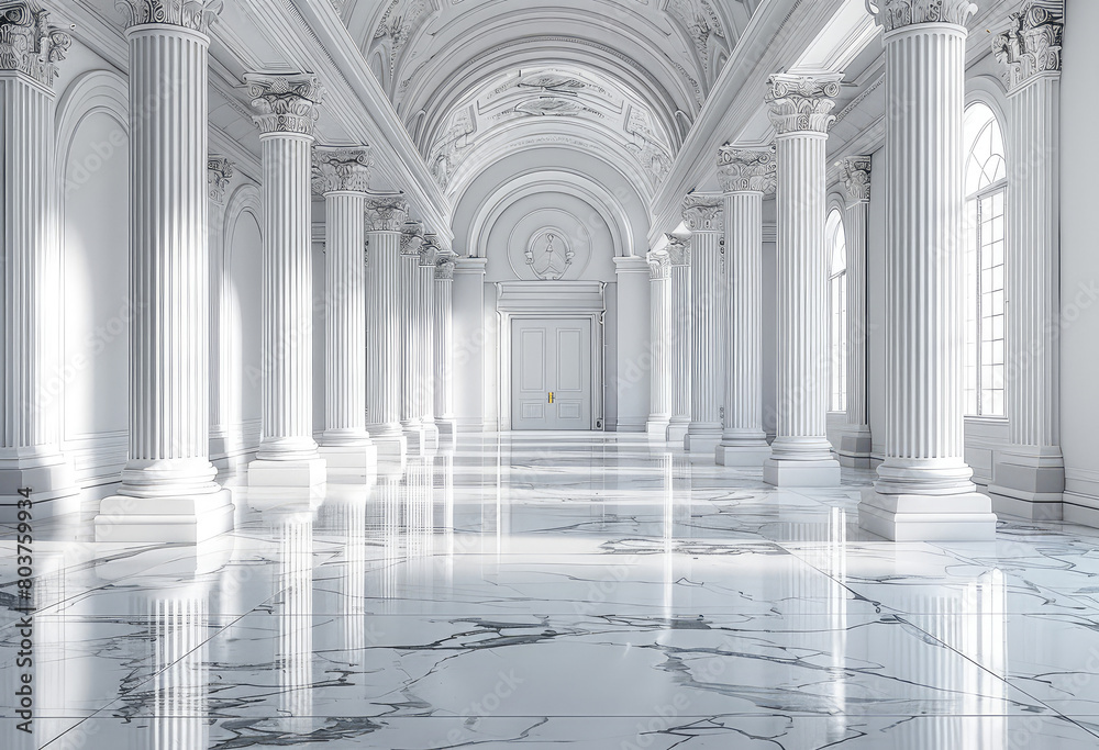 White marble corridor with arched columns and marble floor, with plants on the sides. Created with Ai