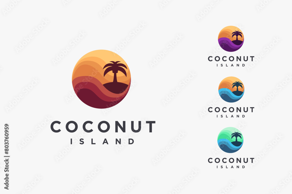 Set of abstract travel logo with coconut tree, island and sea wave icon vector on white background Set of abstract travel logo with coconut tree, island and sea wave icon vector on white background