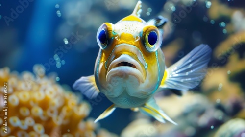 The image is of a fish with a face, likely underwater. The fish appears to be a marine organism and may be found in an aquarium or coral reef. fish. Illustrations photo