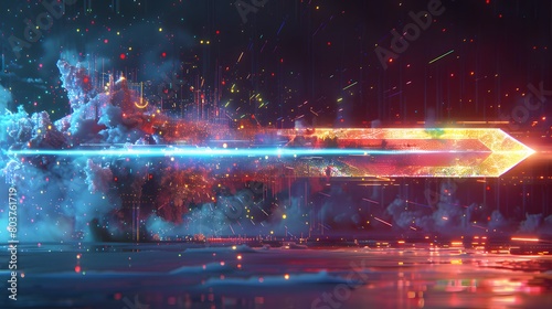 Digital Art of a Futuristic Holographic Display Featuring a Sacred Sword in Glitch Art Style
