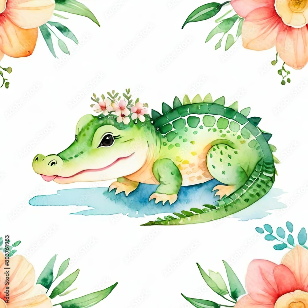 Fototapeta premium Cute baby crocodile watercolor isolated on white background. Alligator kid cartoon character vector illustration