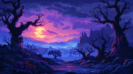 Papier peint photo Prune Haunting Digital Pixel Art Landscape of Cursed Lands with Eerie Mist  © Goodthings