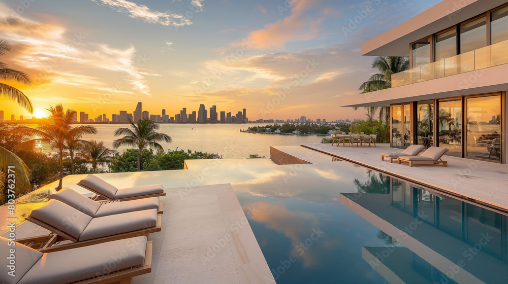 A large pool with a sunset in the background