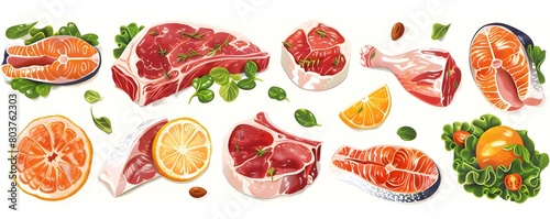 Cartoon-Style Illustration of Meat and Fish Slices for Culinary Themes