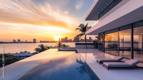 A large pool with a sunset in the background