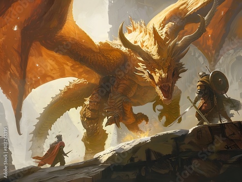 Triumphant Adventurers Vanquishing a Fearsome Mythical Dragon in an Epic Fantasy Battle