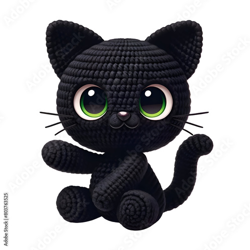 Playful Amigurumi Black Cat with Green Eyes, Isolated on Transparent Background, for T-Shirt Design, Stickers, Wall Art © Anisgott