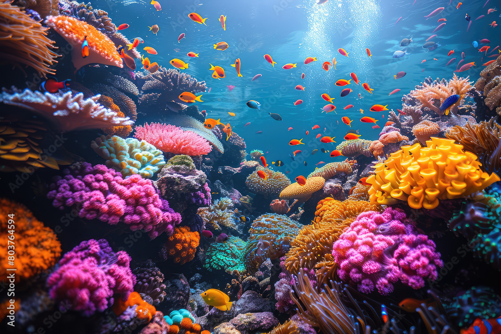 A vibrant coral reef with colorful corals and fish swimming around, creating an underwater paradise. Created with Ai