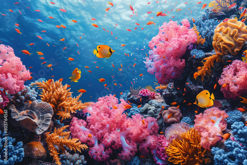  A vibrant coral reef with colorful corals and small fish swimming around  creating an underwater paradise. Created with Ai