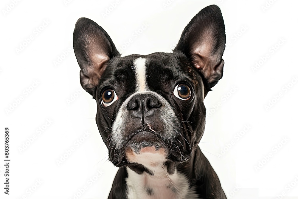 Studio headshot portrait of Boston terrier dog with head tilted looking forward against a white background