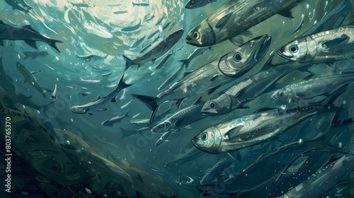 Underwater scene - Bait ball of sardine fish. fish. Illustrations © LofiAnimations