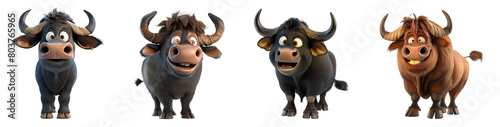 Set of 3D cute happy cartoon buffalo, isolated on white background, png