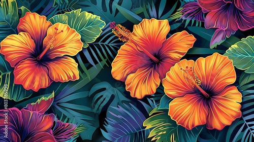 orange hibiscus flowers illustration poster background