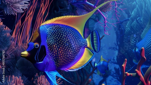 Vibrant tropical angel fish with brilliant colors, surrounded by marine flora. Close-up of a strikingly colored tropical fish in a deep blue marine setting. fish. Illustrations photo