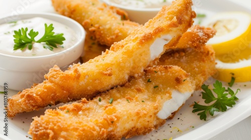Breaded and fried fish fingers served with remoulade sauce and lemon. fish. Illustrations photo