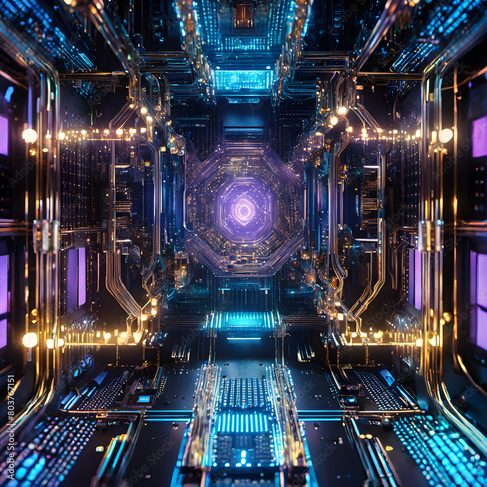 Futuristic Quantum Computer Core with Neon Lights and Advanced Circuitry Design