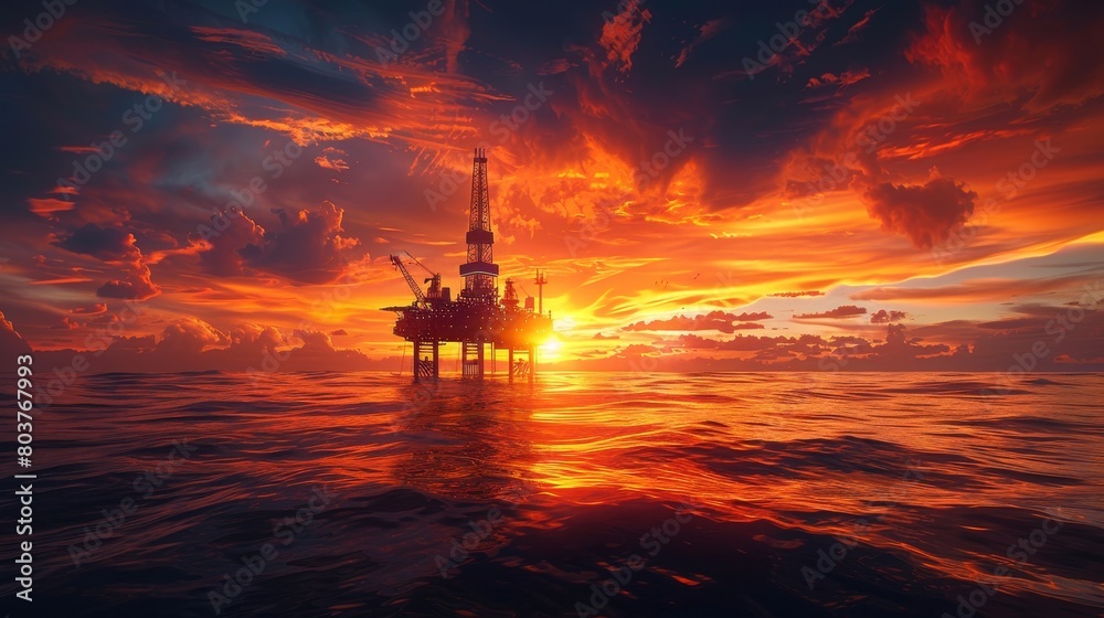 Oil Rig at Sunset. Industrial Energy Platform 