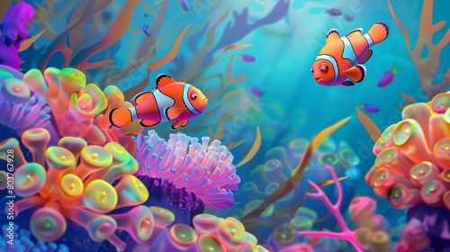 Nemo clown fish in the anemone on the colorful healthy coral reef. Anemonefish nemo couple swimming underwater. Scuba diving coral reef scene with nemo and anemone. fish. Illustrations