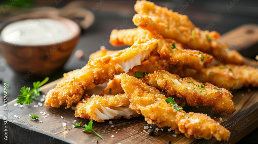 Pile of golden fried fish fingers with white garlic sauce placed on chopping board on dark wooden background. fish. Illustrations Pile of golden fried fish fingers with white garlic sauce placed on chopping board on dark wooden background. fish. Illustrations