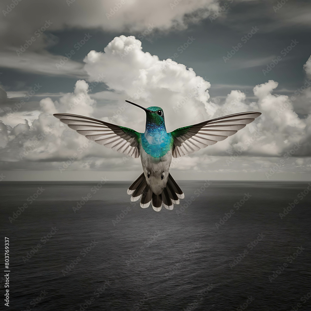 Fototapeta premium A hummingbird bird flies over a huge ocean with clouds floating in the sky,gray color