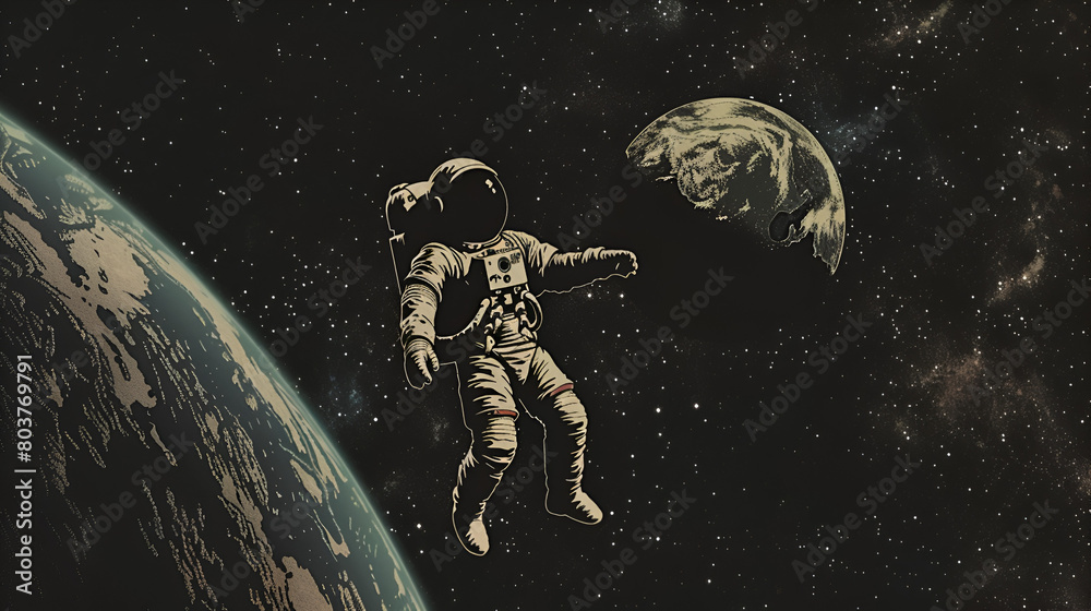 Artistic Style Painting Drawing of Spaceman Astronaut Floating in the Space Chilling in the Galaxy Aspect 16:9
