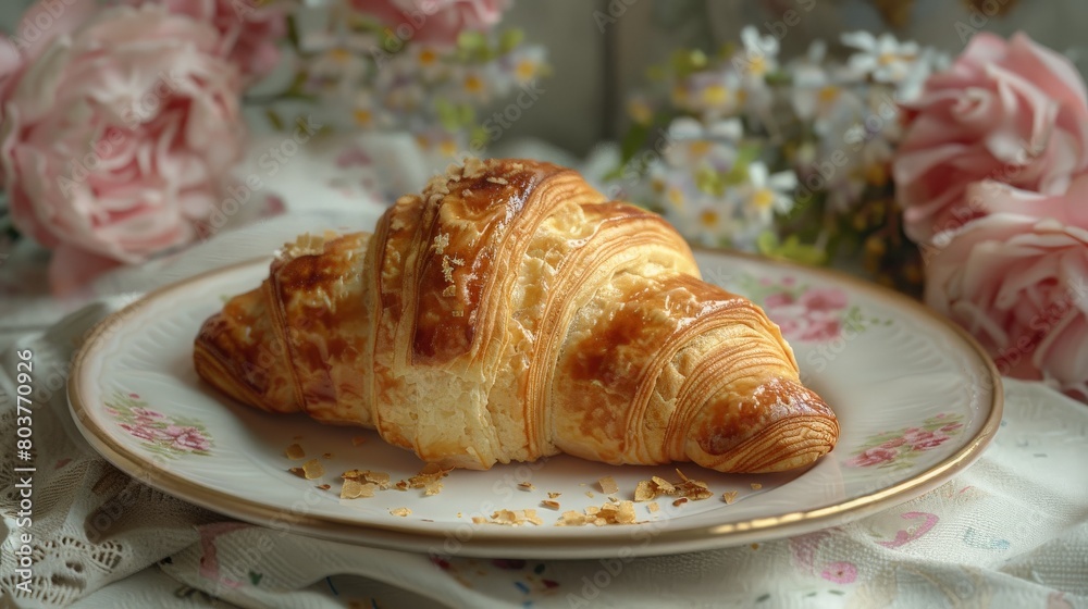 Artisan Croissant on Delicate Porcelain Plate. French Pastry and Bakery Artisan Croissant on Delicate Porcelain Plate. French Pastry and Bakery