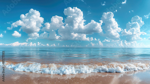 Panoramic photo of beautiful white clouds over the ocean. Created with Ai