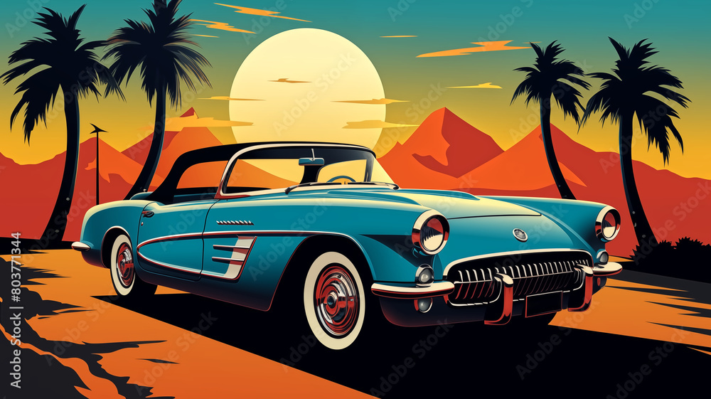 Stylish illustration of a classic convertible car parked under palm trees with a dramatic sunset and mountainous landscape in the background.
