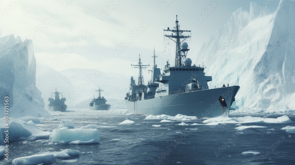 Warships Navigating Icy Arctic Waters. Arctic Naval Exercise. Warships Navigating Icy Arctic Waters. Arctic Naval Exercise.