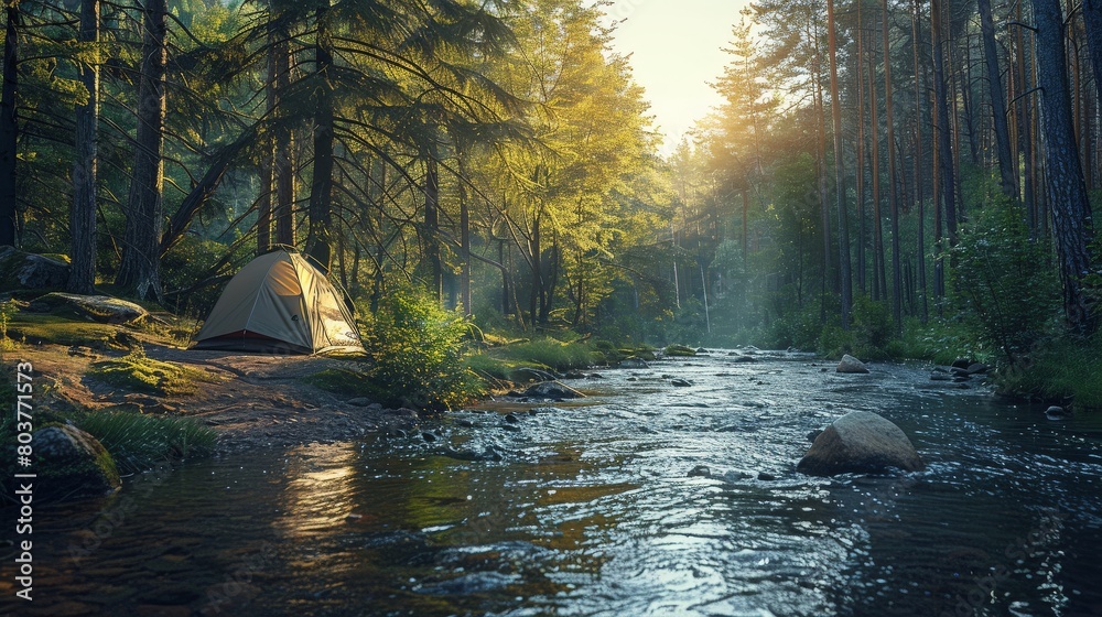 Fototapeta premium Forest Campsite with River View and Rustic Camping Tent. Peaceful Sunrise Scene