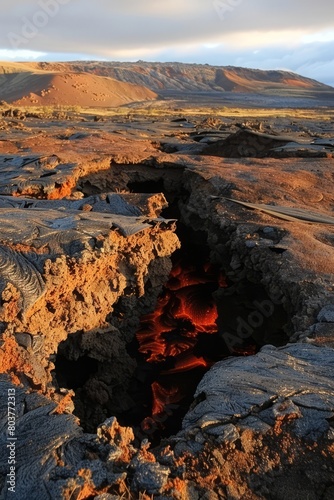 Wander through a field of volcanic craters, where each one is a unique window into the earth's fiery depths, offering glimpses of molten lava, Generative AI