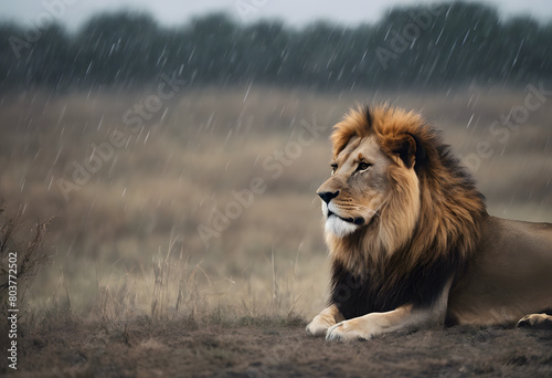 A majestic lion lying in a grassy field during a gentle rain, showcasing its impressive mane and calm demeanor. World Lion Day.