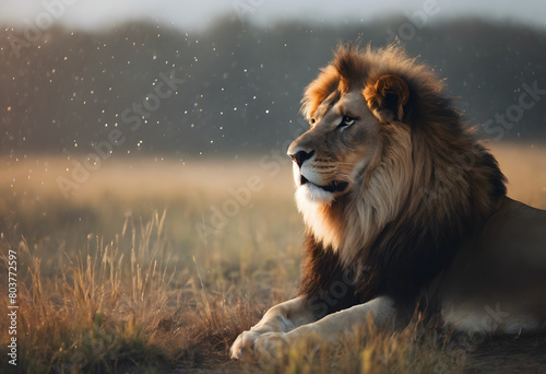 Majestic lion lying in a grassy field with a soft golden light and floating dust particles around it. World Lion Day.