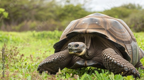 Portrait of a Giant Tortoise (Chelonoidis niger); Santa Cruz Island, Galapagos Islands, Ecuador. animals. Illustrations photo