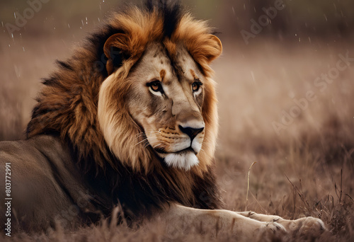 A majestic lion lying in a grassy field with a soft focus background  capturing the essence of wildlife in its natural habitat. World Lion Day.