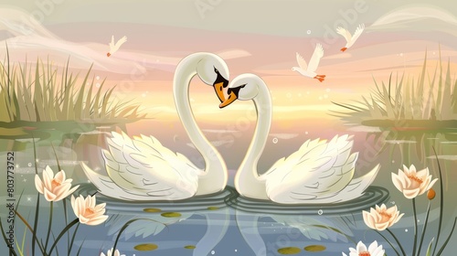 Fototapeta Naklejka Na Ścianę i Meble -  cartoon illustration, a pair of swans kissing. cartoons. Illustrations