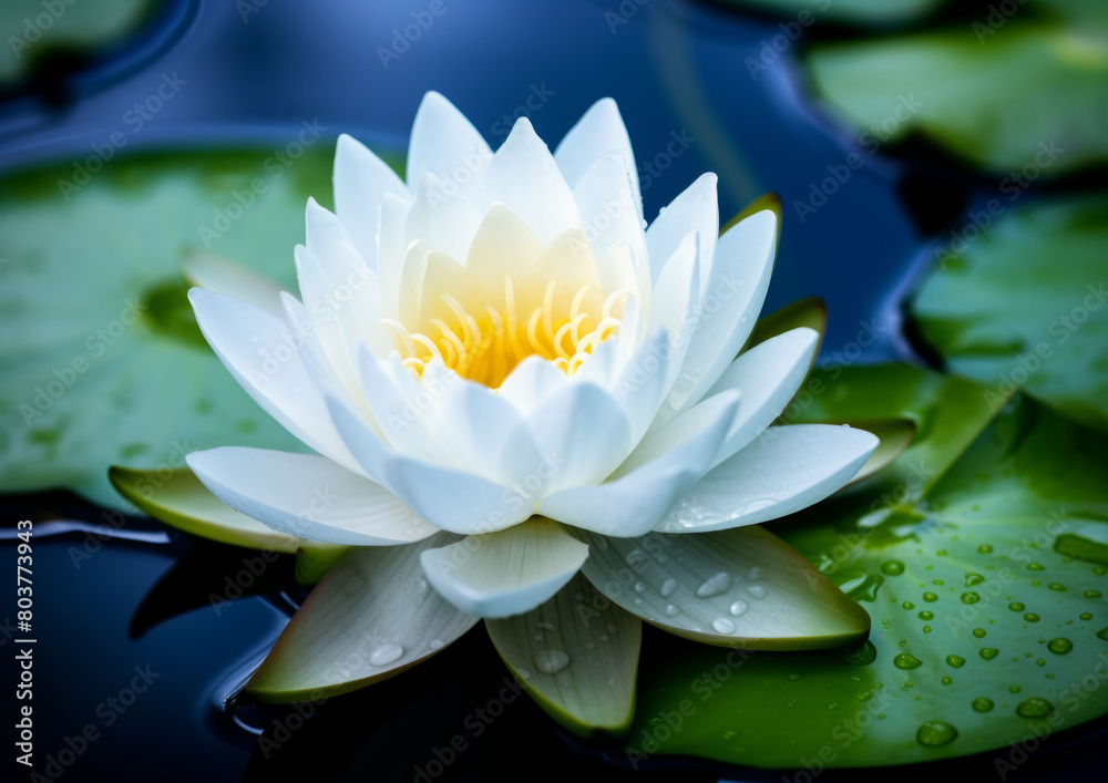 Beautiful White Lotus Flower with green leaf in in pond, extreme detail with full focus due to stacking of shots