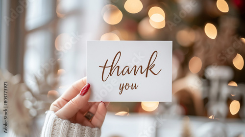 Hand holding a thank you card with festive lights in the background, Concept of gratitude and appreciation during celebratory occasions. photo