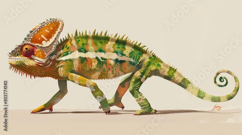 Side view of a Jackson's horned chameleon walking. animals. Illustrations