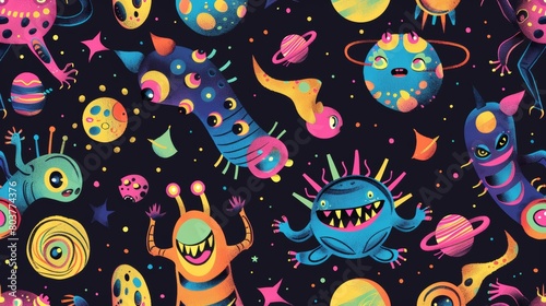 seamless pattern texture with funny cartoon characters colorful aliens in space on a black background. cartoons. Illustrations
