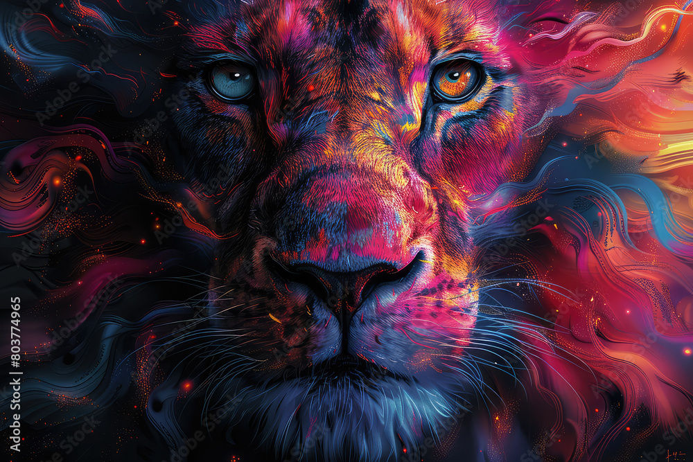 Beautiful colorful lion face in the style of an oil painting. Created with Ai