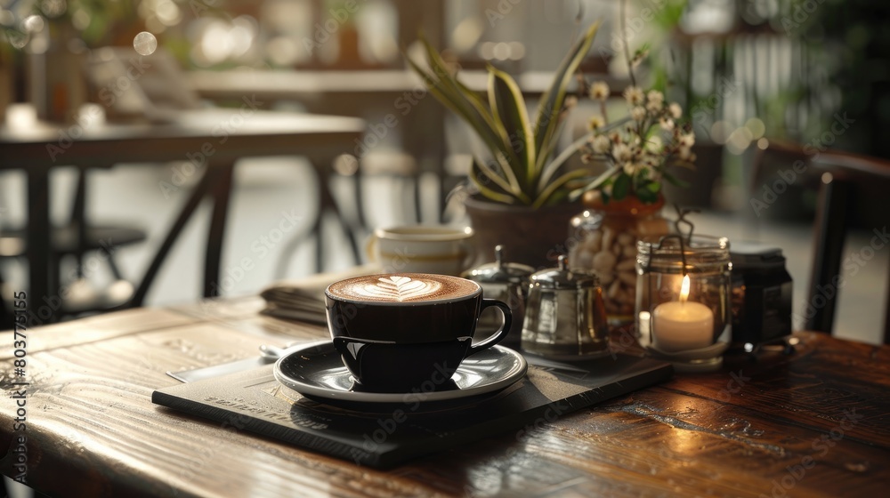 Cup of coffee on wooden table in cafe Cup of coffee on wooden table in cafe