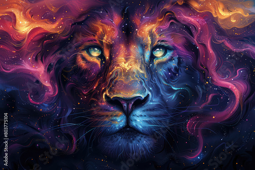 A majestic lion with vibrant fur, its eyes glowing like embers in the dark night sky. Created with Ai