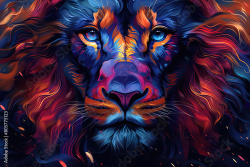 A majestic lion with vibrant fur  its eyes glowing like embers in the dark night sky. Created with Ai