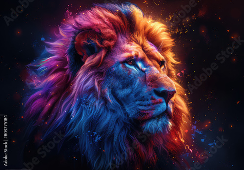 Two lion heads  one red and the other blue with glowing eyes. Created with Ai