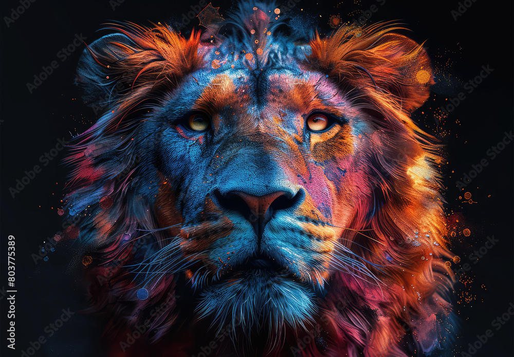 An illustration of two lion heads, one in the colors of blue and red. Created with Ai