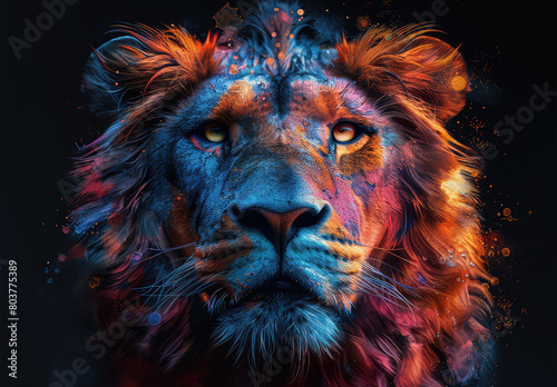 An illustration of two lion heads  one in the colors of blue and red. Created with Ai