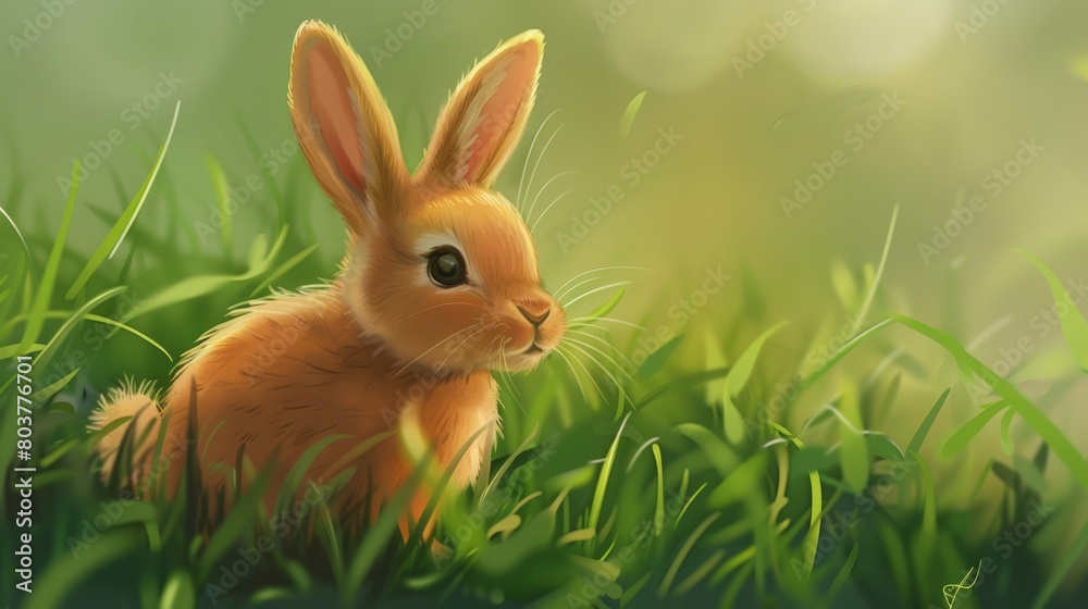 Cute little bunny in grass with ears up looking away. animals. Illustrations Cute little bunny in grass with ears up looking away. animals. Illustrations