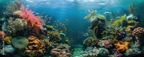 An underwater landscape showcasing a coral reef bathing in sunbeams penetrating the ocean s surface. copy space for text.
